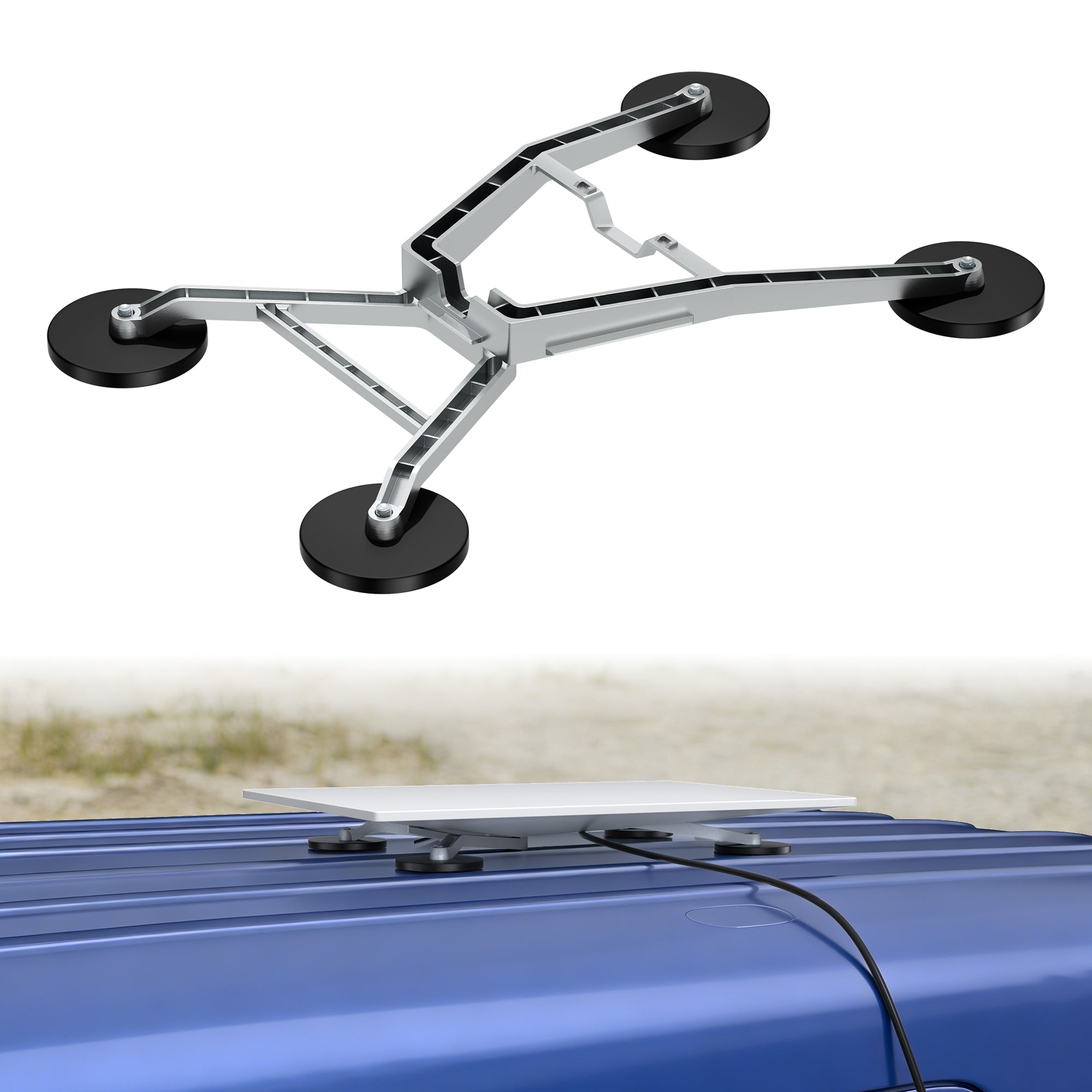 Close-up of Four 88mm Neodymium Magnets on Starlink Mount, 520lbs Total Holding Power for Highway Speeds.